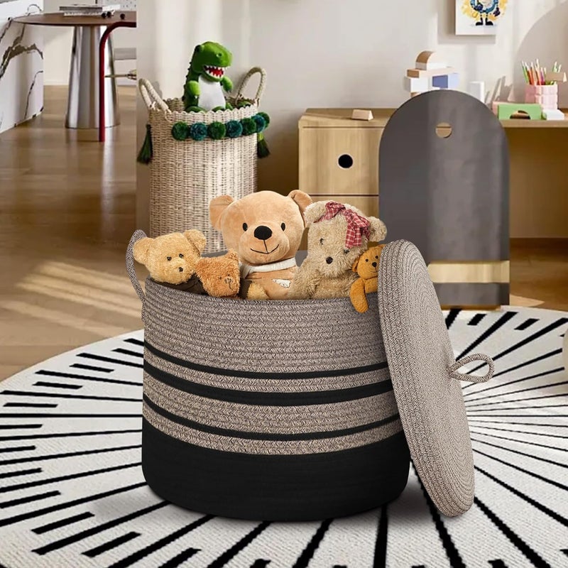 HONCESTA Extra Large Woven Basket with Lid, 18" X 14" Wicker Blanket Storage Basket Living Room, Tall Rope Storage Baskets for Toys, Decorative Kids Toy Bin Box with Cover, Baby Laundry Basket Hamper - Image 3