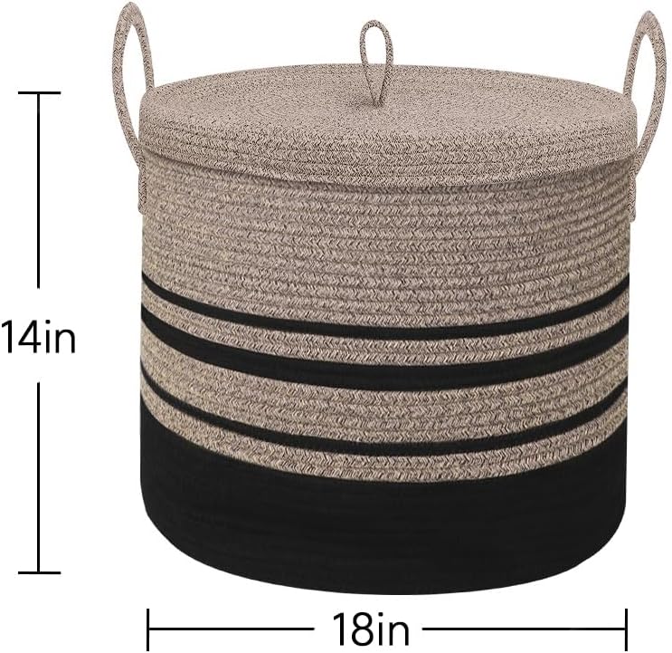HONCESTA Extra Large Woven Basket with Lid, 18" X 14" Wicker Blanket Storage Basket Living Room, Tall Rope Storage Baskets for Toys, Decorative Kids Toy Bin Box with Cover, Baby Laundry Basket Hamper - Image 2