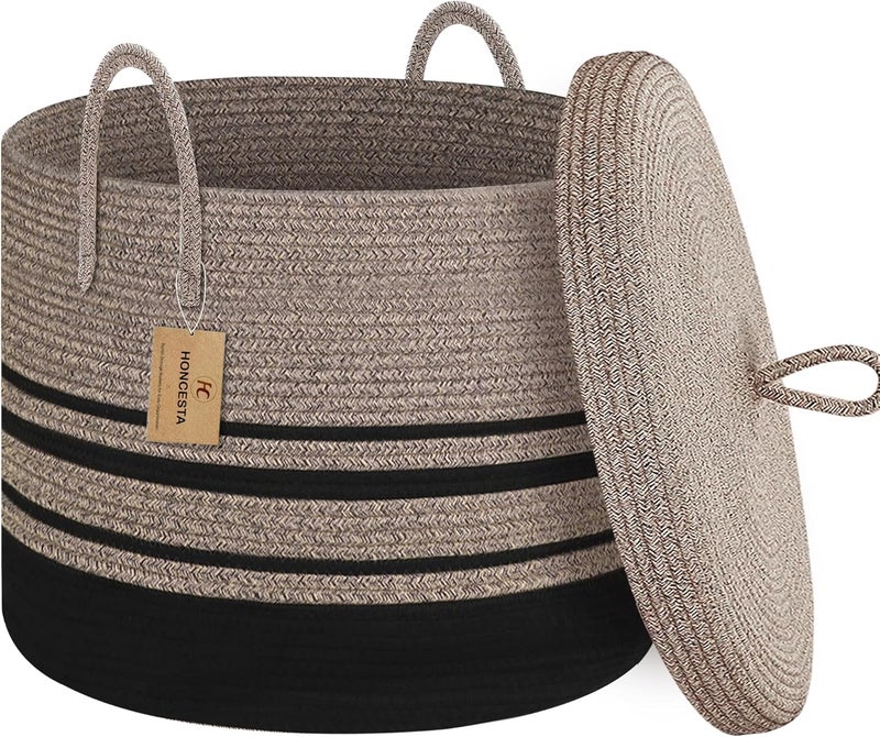 HONCESTA Extra Large Woven Basket with Lid, 18" X 14" Wicker Blanket Storage Basket Living Room, Tall Rope Storage Baskets for Toys, Decorative Kids Toy Bin Box with Cover, Baby Laundry Basket Hamper - Image 1
