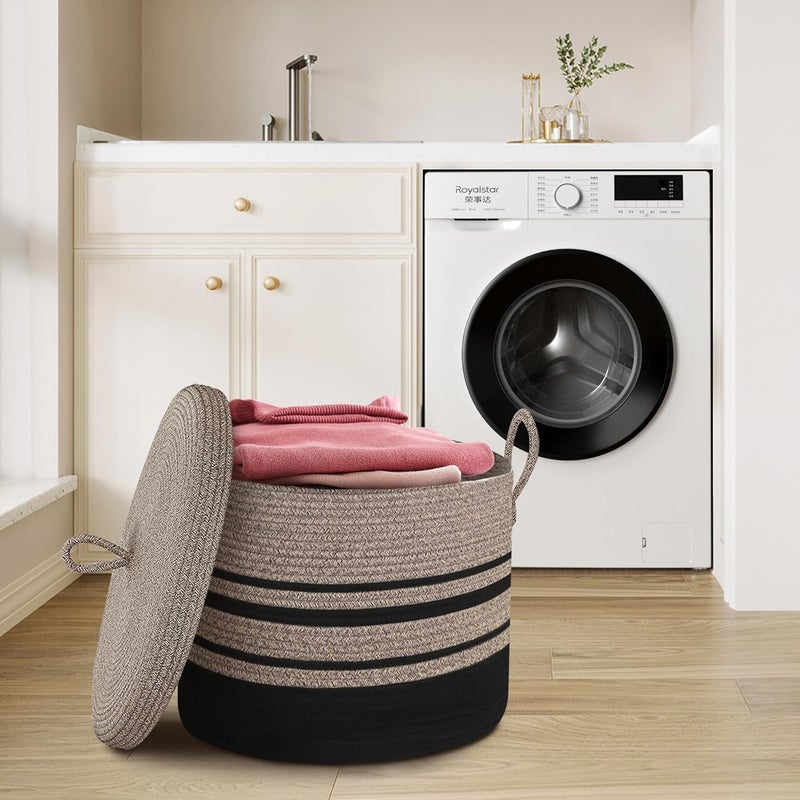 HONCESTA Extra Large Woven Basket with Lid, 18" X 14" Wicker Blanket Storage Basket Living Room, Tall Rope Storage Baskets for Toys, Decorative Kids Toy Bin Box with Cover, Baby Laundry Basket Hamper - Image 4
