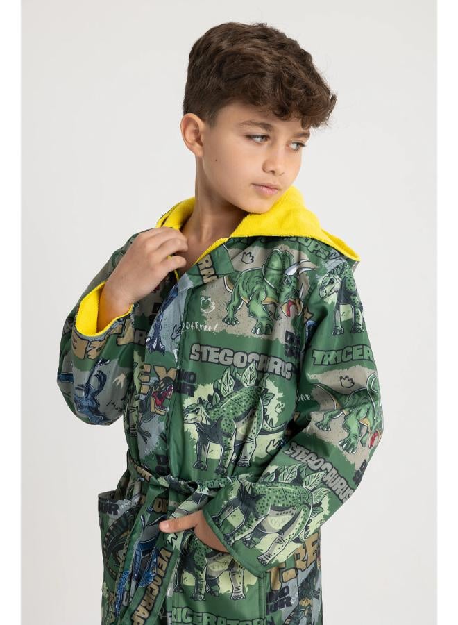 Boys' Waterproof Swim Robe – Green T-Rex Dinosaur Design