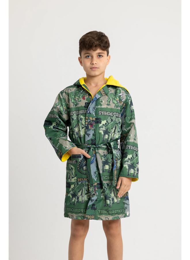 Boys' Waterproof Swim Robe – Green T-Rex Dinosaur Design
