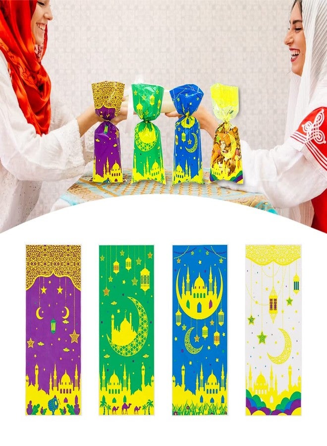 Threetols 100 PCS Eid Mubarak Cellophane Treat Bags, Ramadan Kareem Cellophane Treat Favor Bags Eid Moon Clear Cookie Candy Bags Gift Cellophane Bags with Twist Ties for Eid Mubarak Party Supplies, 4 Style - Image 3