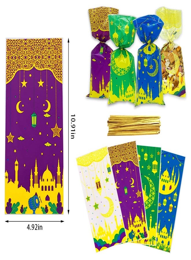Threetols 100 PCS Eid Mubarak Cellophane Treat Bags, Ramadan Kareem Cellophane Treat Favor Bags Eid Moon Clear Cookie Candy Bags Gift Cellophane Bags with Twist Ties for Eid Mubarak Party Supplies, 4 Style - Image 2
