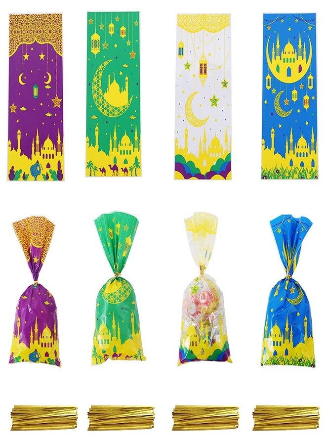 Threetols 100 PCS Eid Mubarak Cellophane Treat Bags, Ramadan Kareem Cellophane Treat Favor Bags Eid Moon Clear Cookie Candy Bags Gift Cellophane Bags with Twist Ties for Eid Mubarak Party Supplies, 4 Style - Image 1