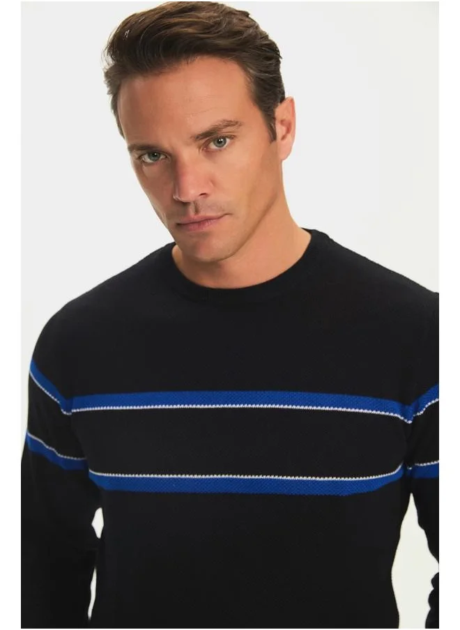 جون June Men Regular Fit Crew Neck Striped Knitwear Sweater Navy