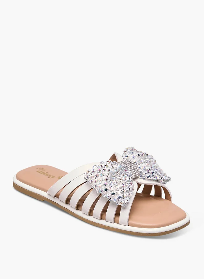 Little Missy Girls Embellished Bow Accent Slip-On Flat Sandals
