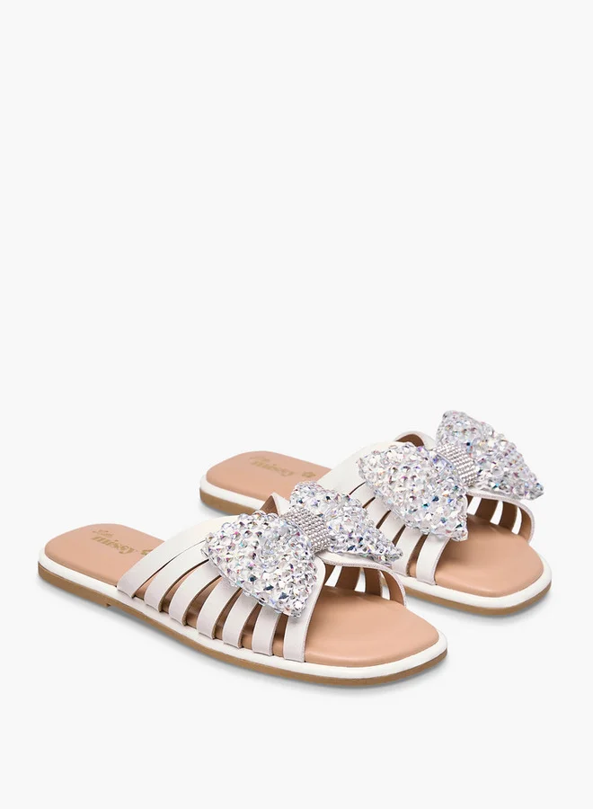 Little Missy Girls Embellished Bow Accent Slip-On Flat Sandals