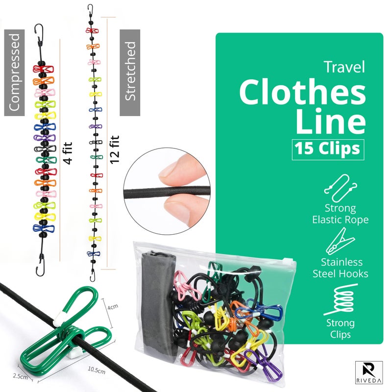 Riveda Portable Travel Clothesline with 15 Colorful Clips & Bag  Elastic RV & Camping Clothes Line for Indoor Laundry Drying Line & Outdoor Camping Accessories (Elastic) - Image 2