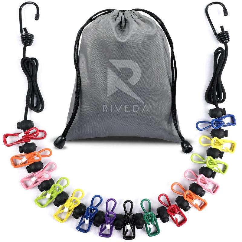 Riveda Portable Travel Clothesline with 15 Colorful Clips & Bag  Elastic RV & Camping Clothes Line for Indoor Laundry Drying Line & Outdoor Camping Accessories (Elastic) - Image 1
