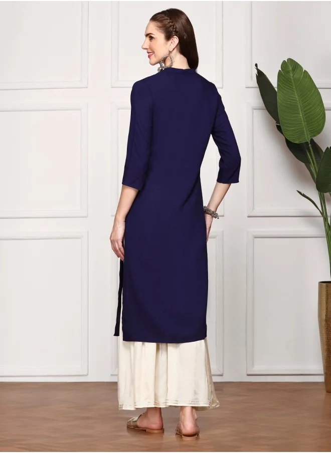 آي شين Aline Fit Self Design Pattern Band Collar Neck Three-Quarter Sleeves Navy Colour Woven Cotton Kurtas for Women with Semi Elastic Closure - Crafted for Elegance and Ease