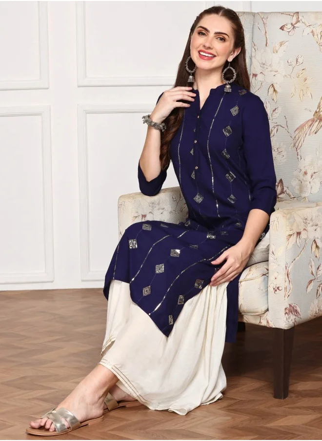 ISHIN Navy Blue Ethnic Motifs Embellished Band Collar Sequins Straight Kurta