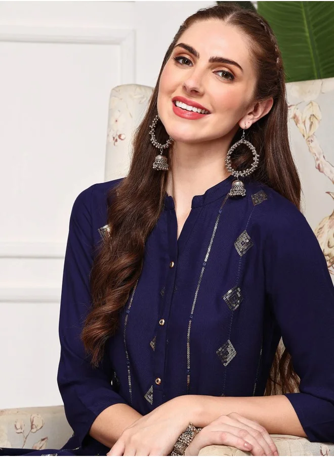 ISHIN Navy Blue Ethnic Motifs Embellished Band Collar Sequins Straight Kurta