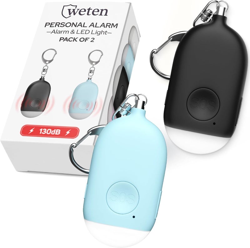 WETEN Rechargeable Personal Alarm Keychain - 130dB Siren & LED Light - 2 Pack Personal Safety Alert for Women to Carry - Panic Button Alarm for Security - Rape Whistle for Self Defense (Black&Blue) - Image 1