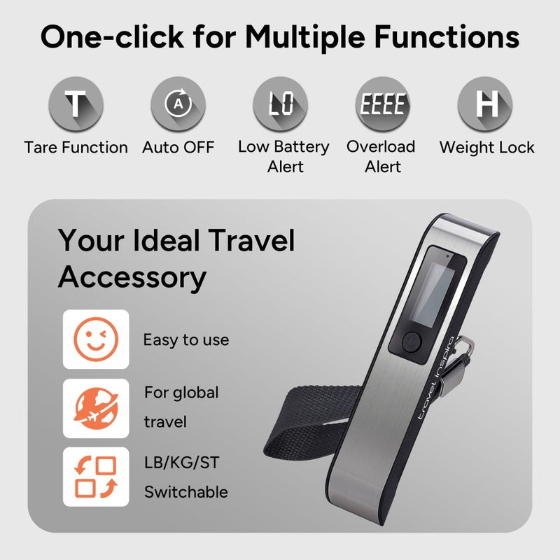 travel inspira Digital Luggage Scale – Portable Hanging Suitcase Weight Scale for Travel, 110 lb Capacity, Backlit LCD Display, Prevents Airport Overweight Fees, Battery Included, Black Stainless - Image 3
