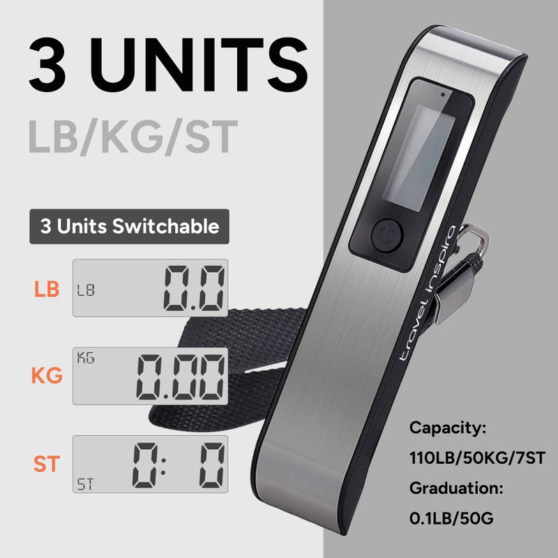 travel inspira Digital Luggage Scale – Portable Hanging Suitcase Weight Scale for Travel, 110 lb Capacity, Backlit LCD Display, Prevents Airport Overweight Fees, Battery Included, Black Stainless - Image 5