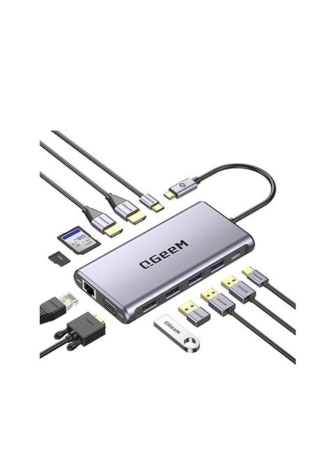 QGeeM 12 in 1 USB C Hub Laptop Docking Station Dual Monitor,Triple Display USB Type C Dock with 4K Dual HDMI,VGA,100W PD,Ethernet,4USB,SD/TF, Compatible for MacBook and Windows
