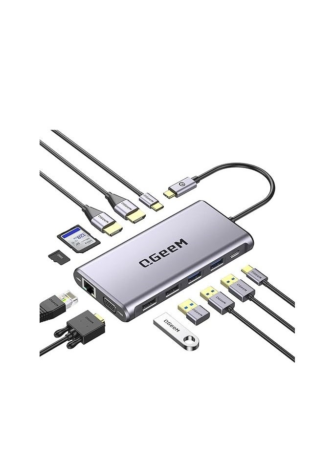 QGeeM - QGeeM 12 in 1 USB C Hub Laptop Docking Station Dual Monitor,Triple Display USB Type C Dock with 4K Dual HDMI,VGA,100W PD,Ethernet,4USB,SD/TF, Compatible for MacBook and Windows - Image 1