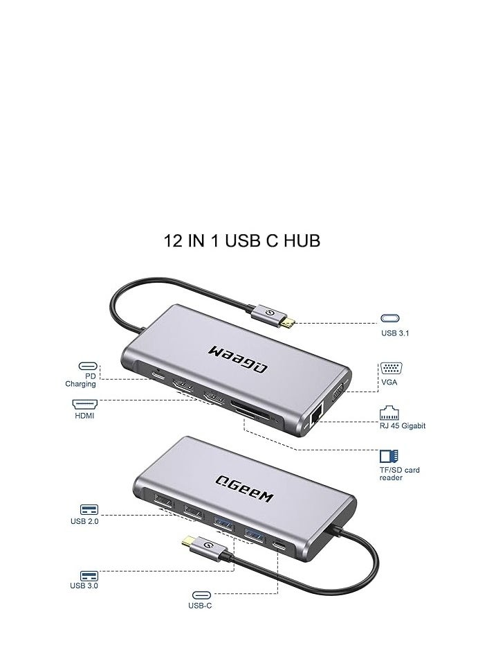 QGeeM - QGeeM 12 in 1 USB C Hub Laptop Docking Station Dual Monitor,Triple Display USB Type C Dock with 4K Dual HDMI,VGA,100W PD,Ethernet,4USB,SD/TF, Compatible for MacBook and Windows - Image 1