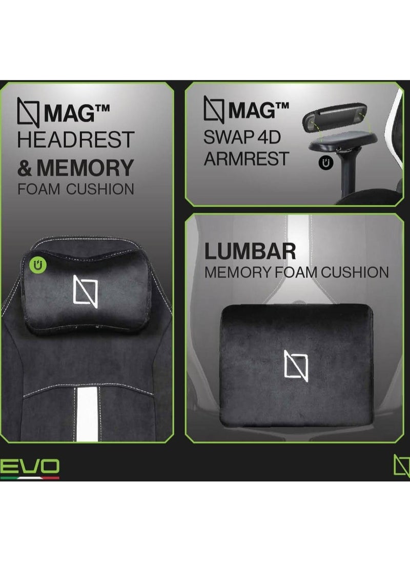 نافو - كرسي ألعاب Navodesk Apex Pro Evo Series عالي الظهر، مساند ذراع معدنية قابلة للتبديل من MAG، دعم قطني في 4 اتجاهات، نظام هيدروليكي من الفئة 4، إمالة 155 درجة، قماش HyperSuede، أبيض ثلجي | APEXPR-EVOHS-WT - Image 1