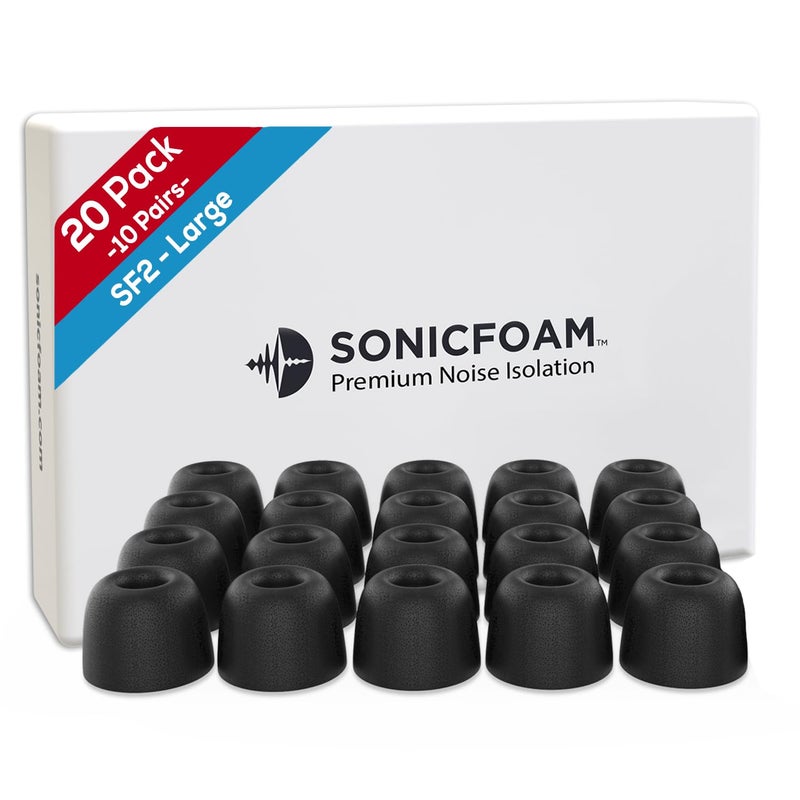 SONICFOAM (SF2 Large Black) Memory Foam Earbud Tips for Earbuds with Speaker Diameter 4.4-5.7mm - (20 Pack / 10 Pairs) - Image 1