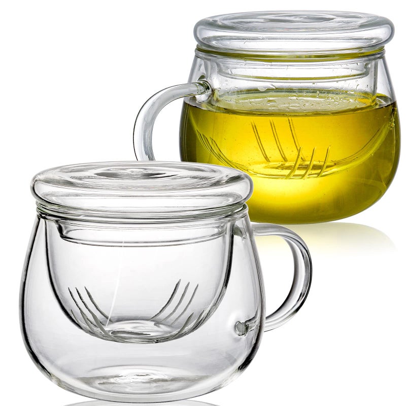 Tosnail 2 Pack 13 Ounce Glass Tea Cup Set with Lid and Infuser Clear Teacups with Strainer for Loose Tea Brewing