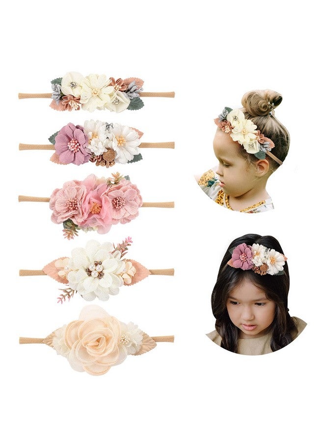 Cinaci 5 Pack White Pink Delicate Rose Flower Nylon Headbands Floral Hair Bows Daisy Flowers Headband Elastic Hair Bands Easter Christmas Hair Accessories for Baby Girls Newborns Infants Toddlers Kids - Image 1