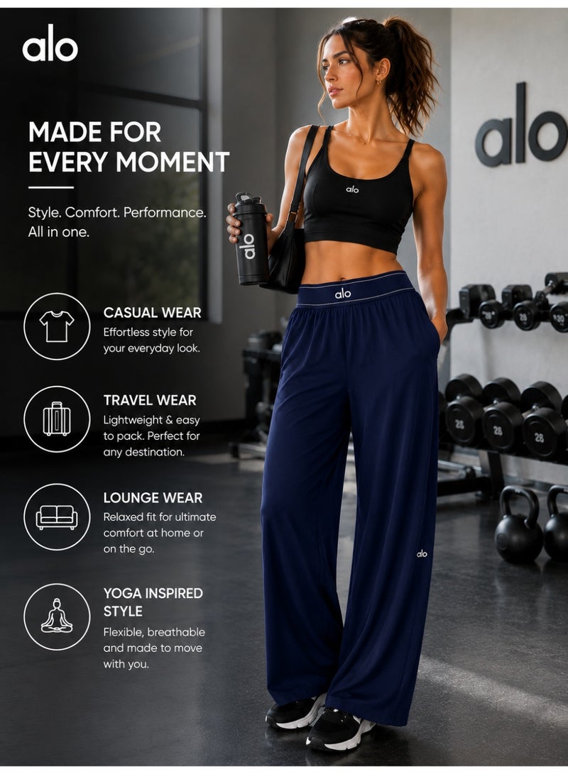 Alo Yoga Women's High-Waist Wide Leg Lounge Pants – Lightweight Relaxed Fit Casual Travel, Yoga & Everyday Wear Trousers with Side Pockets – Navy-Blue– Suit Up Trouser (Regular) - Image 1