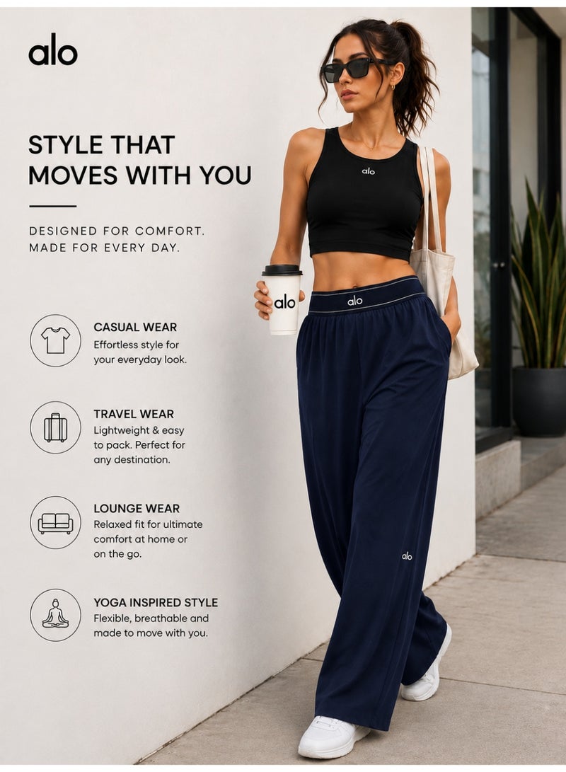 Alo Yoga Women's High-Waist Wide Leg Lounge Pants – Lightweight Relaxed Fit Casual Travel, Yoga & Everyday Wear Trousers with Side Pockets – Navy-Blue– Suit Up Trouser (Regular) - Image 2