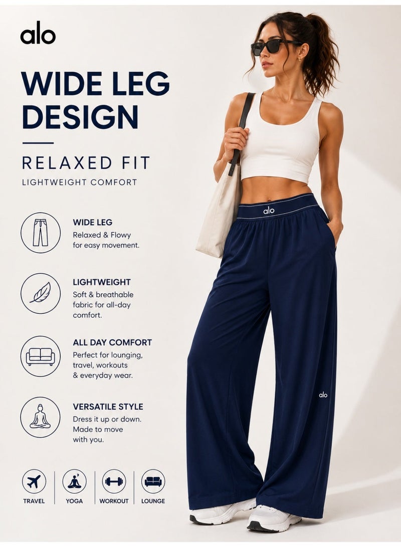 Alo Yoga Women's High-Waist Wide Leg Lounge Pants – Lightweight Relaxed Fit Casual Travel, Yoga & Everyday Wear Trousers with Side Pockets – Navy-Blue– Suit Up Trouser (Regular) - Image 5