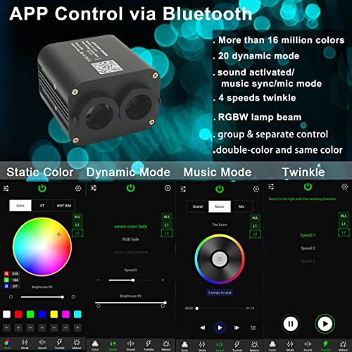 AZIMOM Dual Color 20W Twinkle Fiber Optic Starlight Kits 600pcs003in98ft Fiber Strands End Glow Sound Activated Remote APP Control RGBW Light Source Home Car Ceiling Headliner Dcor - Image 3