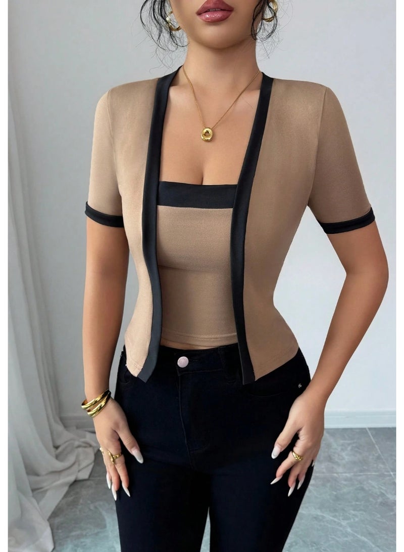 Shein New Colorful Patchwork Elegant Open Front Short Sleeve Women T-Shirt, Elegant Women's Top, Women's Commuter T-Shirt, Women's Brown Top - Image 5