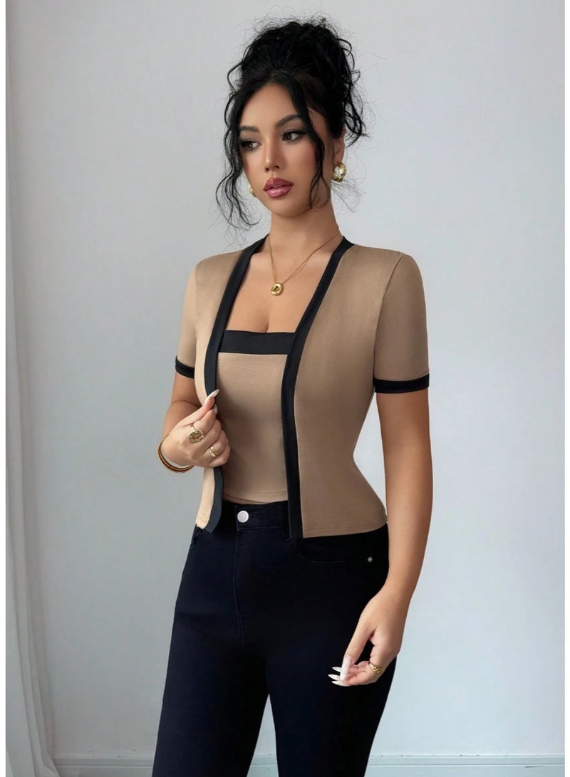 Shein New Colorful Patchwork Elegant Open Front Short Sleeve Women T-Shirt, Elegant Women's Top, Women's Commuter T-Shirt, Women's Brown Top - Image 3
