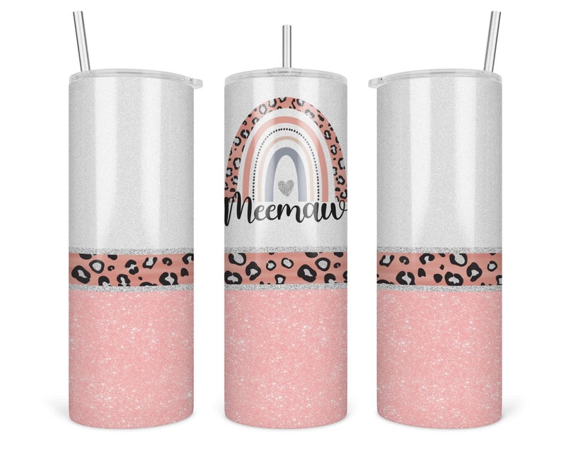 Leopard Meemaw Rainbow Tumbler Mothers Day Gift Travel Cup With Straw and Lid 20 Oz Insulated Stainless Steel