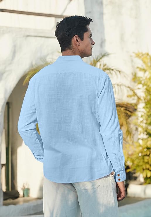 Macsivo Men's Cotton Blend Solid Short Kurta with Mandarin Collar Full Sleeve Button Closure Curved Hem Regular Fit | Kurta for Men Stylish Sky - Image 2