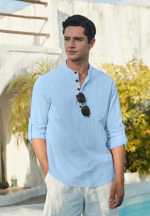 Macsivo Men's Cotton Blend Solid Short Kurta with Mandarin Collar Full Sleeve Button Closure Curved Hem Regular Fit | Kurta for Men Stylish Sky - Image 4