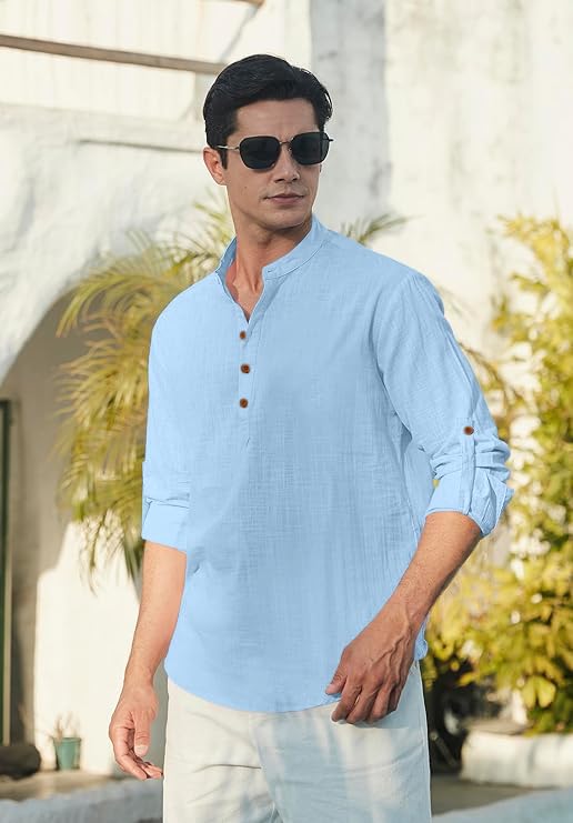Macsivo Men's Cotton Blend Solid Short Kurta with Mandarin Collar Full Sleeve Button Closure Curved Hem Regular Fit | Kurta for Men Stylish Sky - Image 3