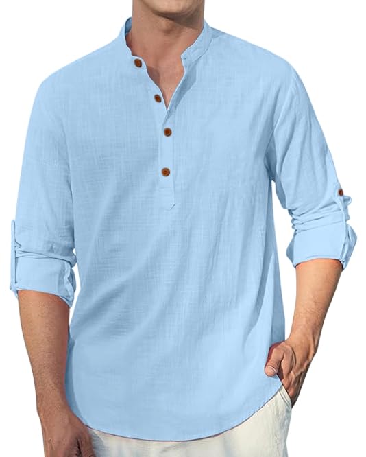 Macsivo Men's Cotton Blend Solid Short Kurta with Mandarin Collar Full Sleeve Button Closure Curved Hem Regular Fit | Kurta for Men Stylish Sky - Image 1