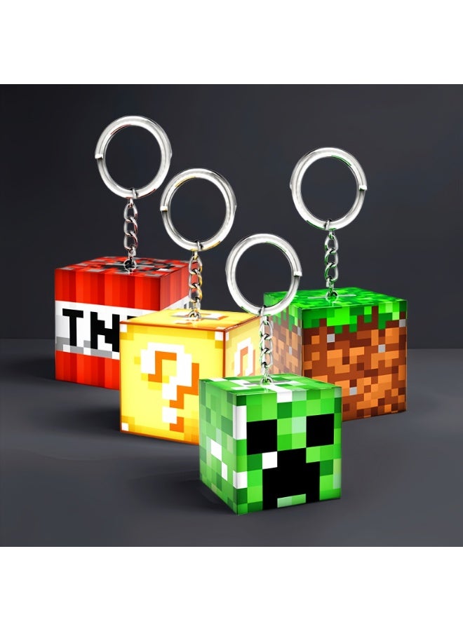 MINECRAFT Light-Up Square Glowing Keychain (4-Pack) – Grass, TNT, Creeper, Question Mark UV Patterns - 3x3x3cm Keyrings, Bag Charm, Perfect Gift & Backpack Decor - Image 1