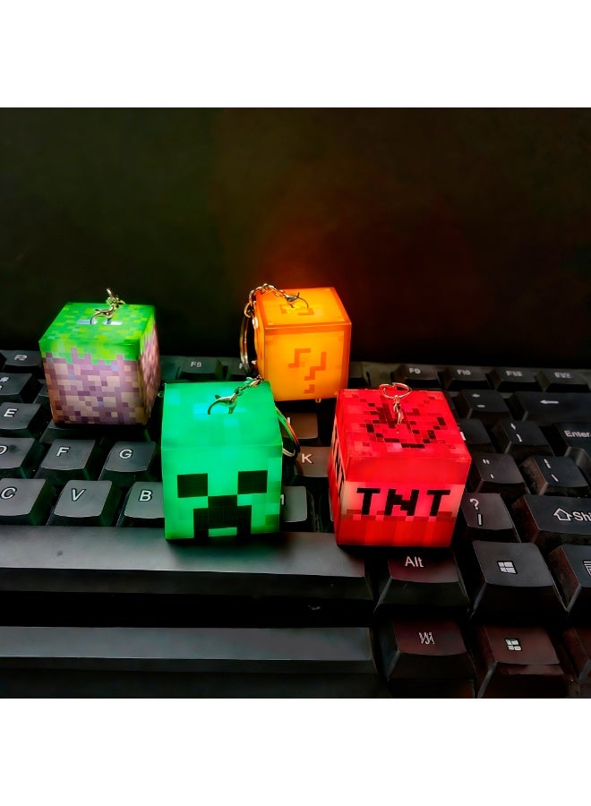 MINECRAFT Light-Up Square Glowing Keychain (4-Pack) – Grass, TNT, Creeper, Question Mark UV Patterns - 3x3x3cm Keyrings, Bag Charm, Perfect Gift & Backpack Decor - Image 2