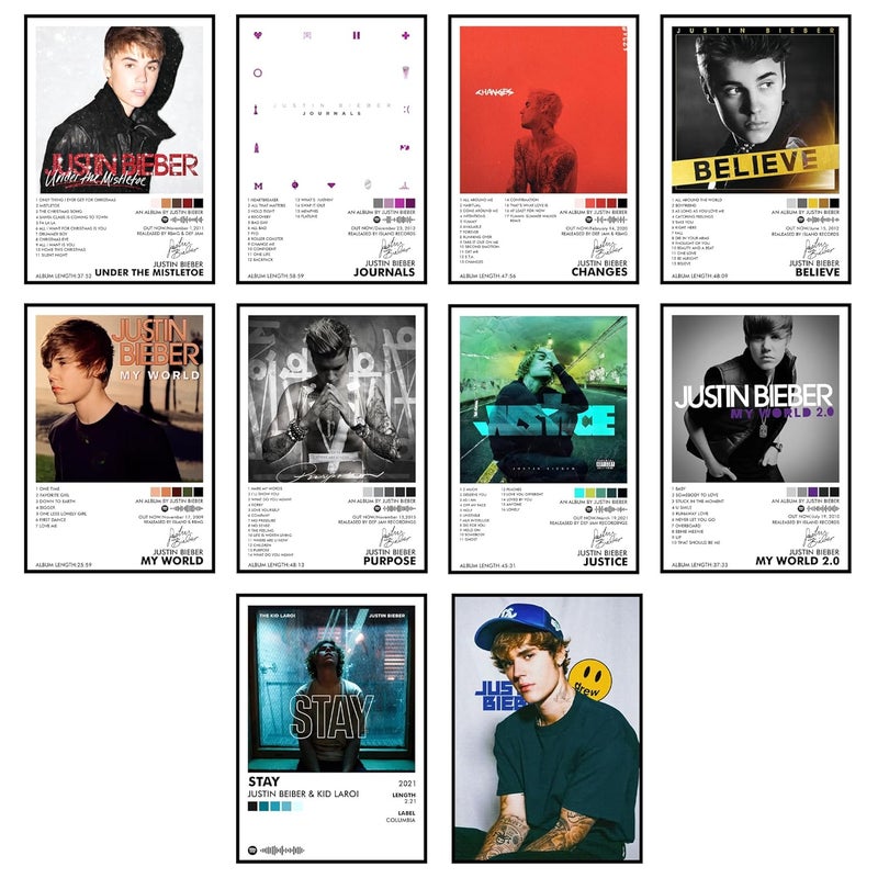 Pack of 10 -Justin Bieber Music Album Art Wall Posters 8.2x11.8 inch Adhesive Tape Attached Wall Decor, Music Poster, Wall Art For Bedroom, Living room, Office (Justin Bieber)