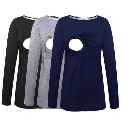 Smallshow Womens 3 Pcs Maternity Nursing Tops Breastfeeding Clothes NavyBlackGrey Large - Image 1