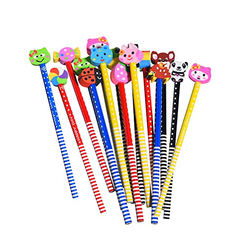 QDXATIVP 28PCS Fun Cute Pencils for Kids,Colorful Stripe with Assorted Fruit Animal Erasers Toppers,for School Office Classroom Supplies Students Children - Image 1