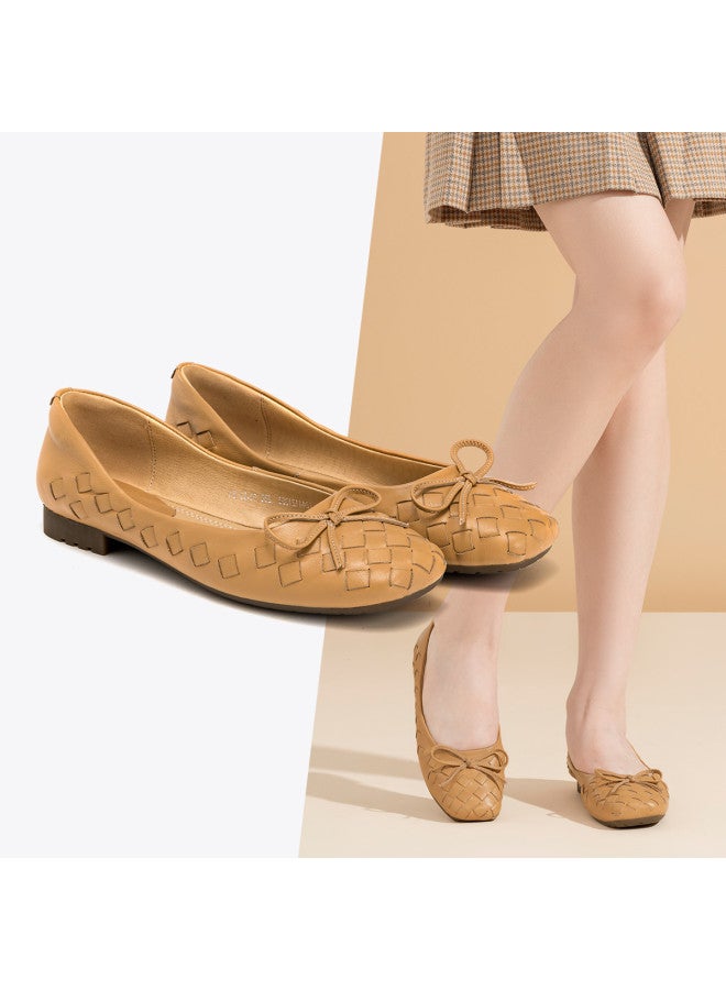 AOKANG Commute Bow Spring Style Genuine Leather Woven Upper Shallow Mouth Slip-on Elegant Comfort Versatile Women's Flats - Image 2