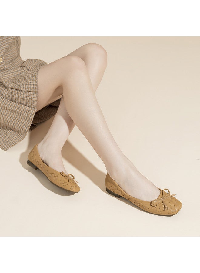AOKANG Commute Bow Spring Style Genuine Leather Woven Upper Shallow Mouth Slip-on Elegant Comfort Versatile Women's Flats - Image 4