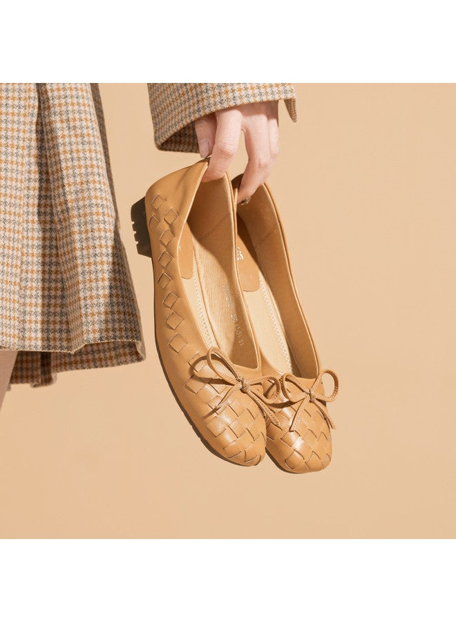 AOKANG Commute Bow Spring Style Genuine Leather Woven Upper Shallow Mouth Slip-on Elegant Comfort Versatile Women's Flats - Image 5