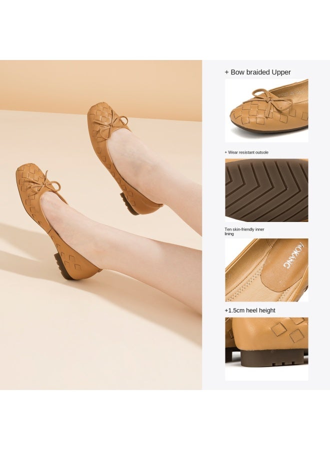 AOKANG Commute Bow Spring Style Genuine Leather Woven Upper Shallow Mouth Slip-on Elegant Comfort Versatile Women's Flats - Image 3
