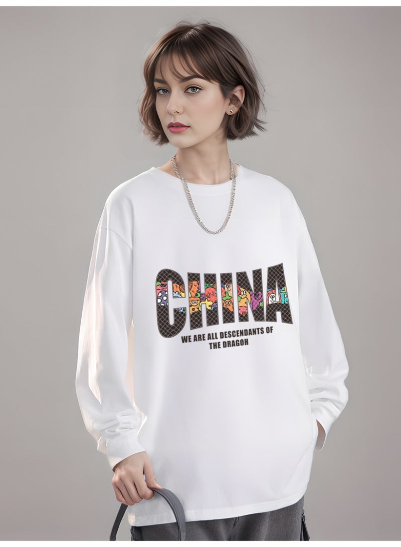 MAC Jabags Trendy "CHINA" Graphic Oversized White Sweatshirt - Loose-Fit Long-Sleeve Top with Colorful Letter Design for Casual Streetwear - Image 1