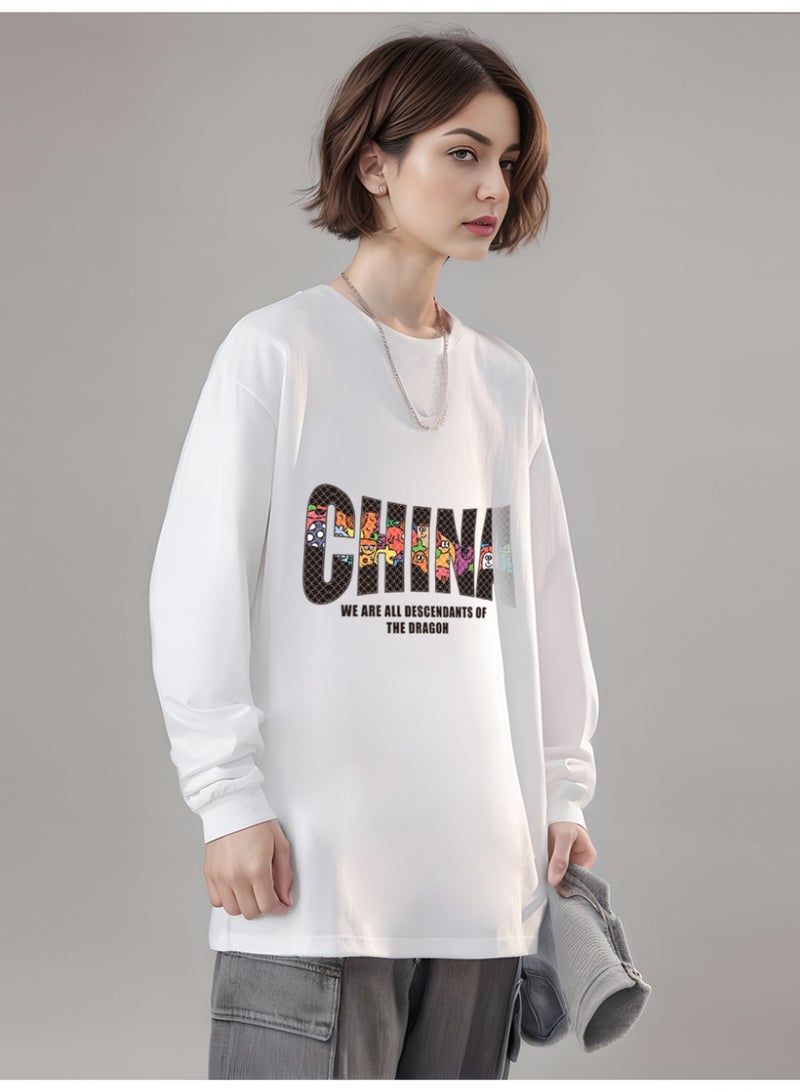MAC Jabags Trendy "CHINA" Graphic Oversized White Sweatshirt - Loose-Fit Long-Sleeve Top with Colorful Letter Design for Casual Streetwear - Image 3