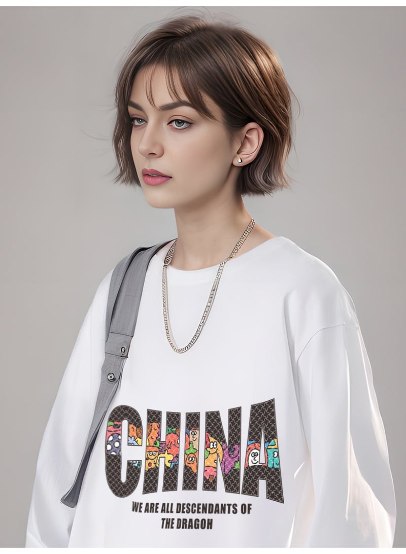 MAC Jabags Trendy "CHINA" Graphic Oversized White Sweatshirt - Loose-Fit Long-Sleeve Top with Colorful Letter Design for Casual Streetwear - Image 2